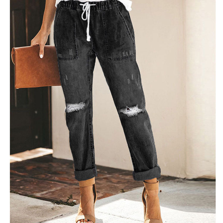 Stylish Ripped Jeans - Comfy Drawstring Pants with Pockets