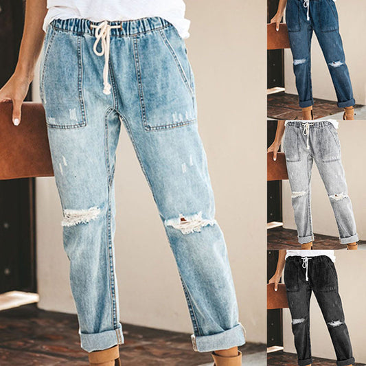 Stylish Ripped Jeans - Comfy Drawstring Pants with Pockets