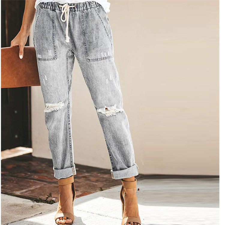 Stylish Ripped Jeans - Comfy Drawstring Pants with Pockets