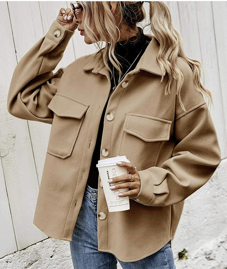 Winter Coat Women Lapel Single-breasted Thickened Solid Color Jacket Woolen Loose Short Coat For Women Fashion Outwear Clothing - Glamour Lady's Choice