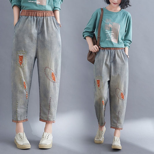 Trendy Distressed Denim Harem Pants - Bold Style Statement