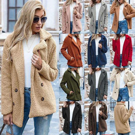 Button Lapel Jacket Winter Loose Fluffy Cardigan Sweater Coat Women