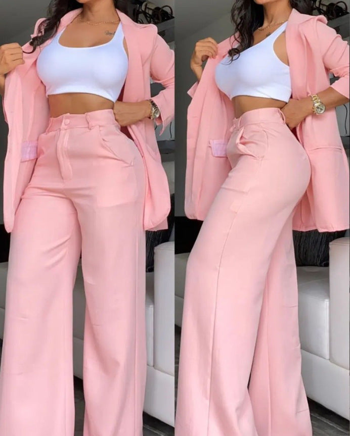 Pure Color Split Sleeve Lapel Suit Straight-leg Pants Suit Women - Glamour Lady's Choice